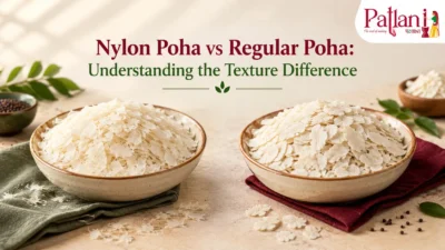 Nylon Poha vs regular poha showing the difference in flake thickness and texture.