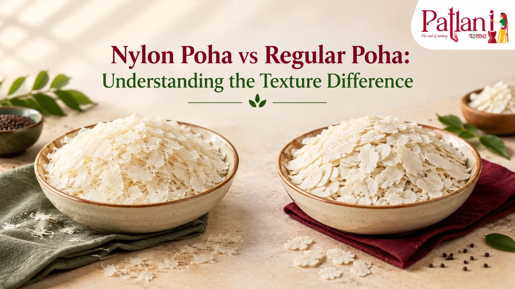 Nylon Poha vs regular poha showing the difference in flake thickness and texture.